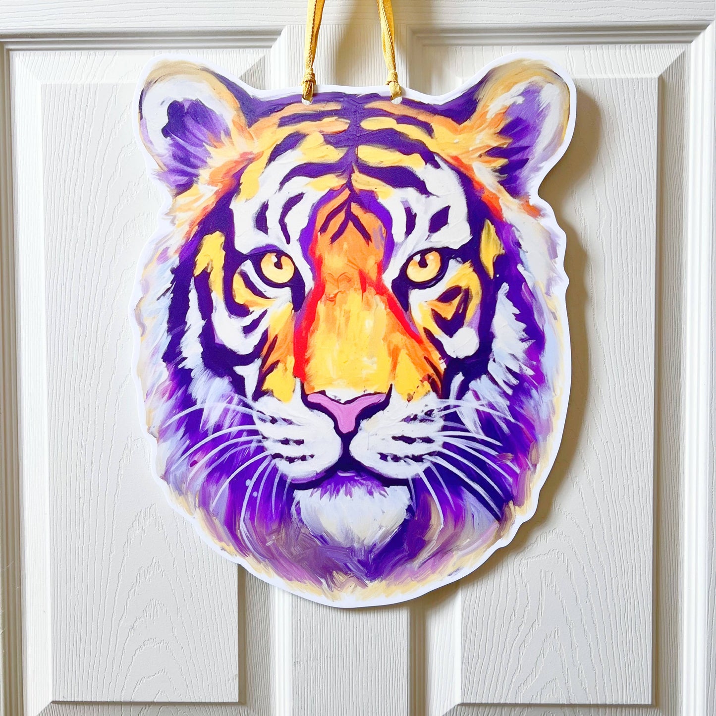 Purple and Gold Tiger Head Door Hanger