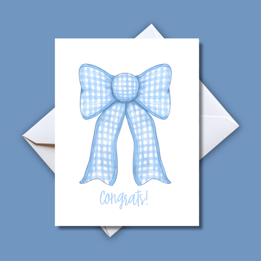 Congrats Blue Bow Card-New Baby Welcome Gingham Notecard