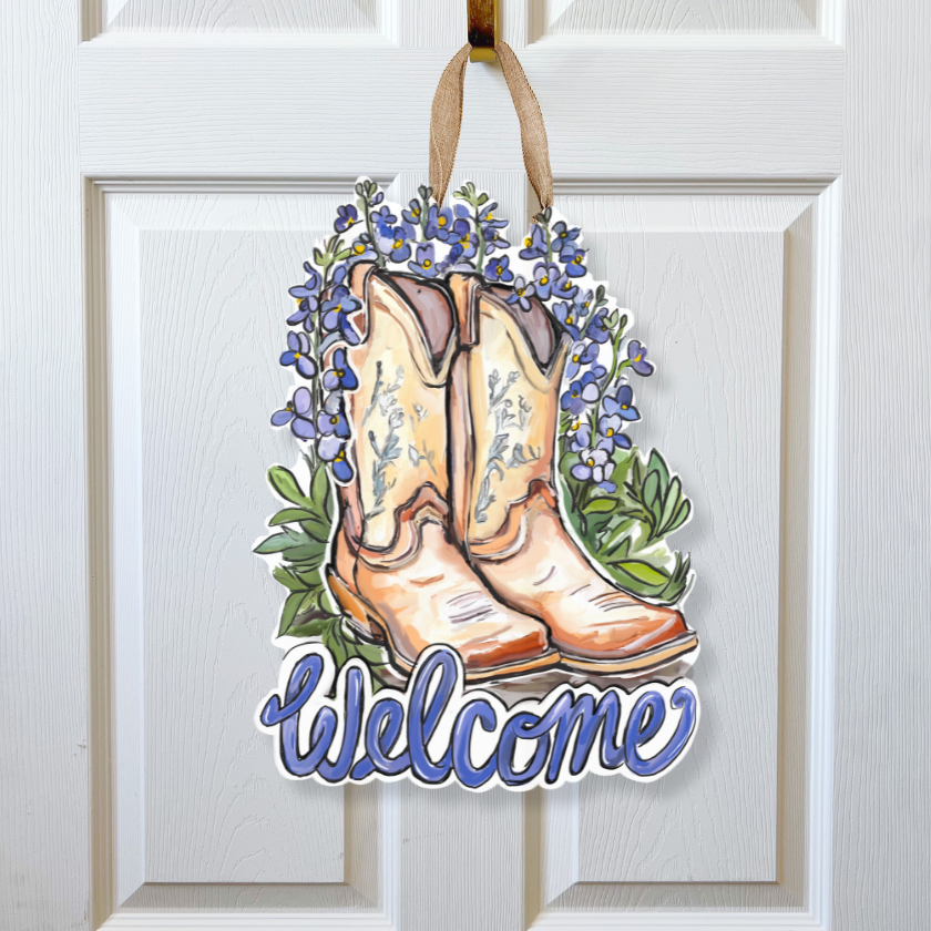 Cowboy Boot Bluebonnet Welcome Door Hanger