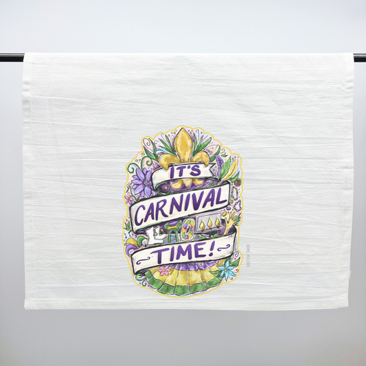 It's Carnival Time Fleur De Lis Mardi Gras Kitchen Tea Towel