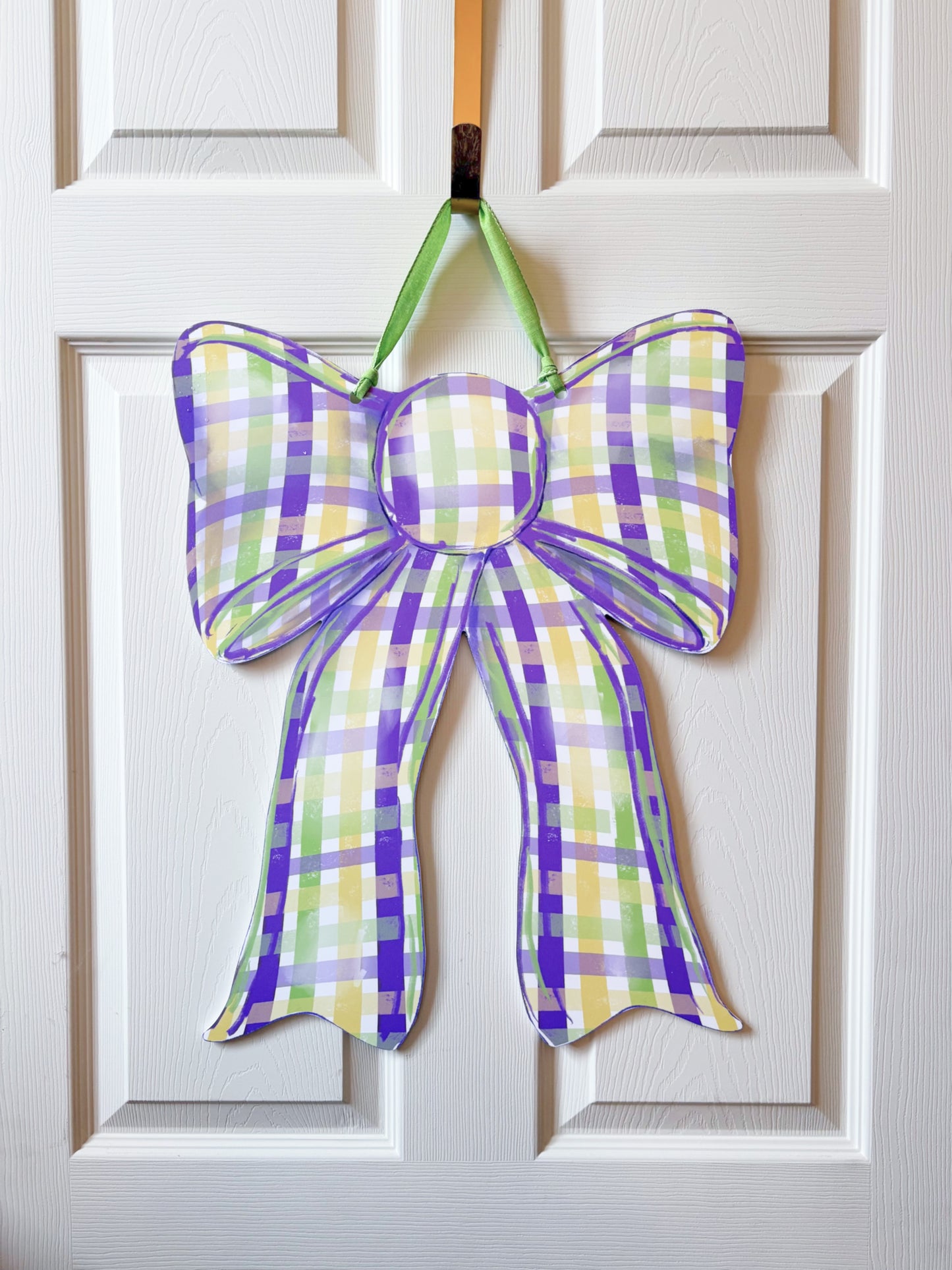 Mardi Gras Plaid Bow Door Hanger Carnival NOLA Outdoor Decor