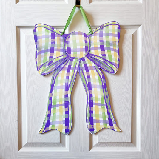 Mardi Gras Plaid Bow Door Hanger Carnival NOLA Outdoor Decor