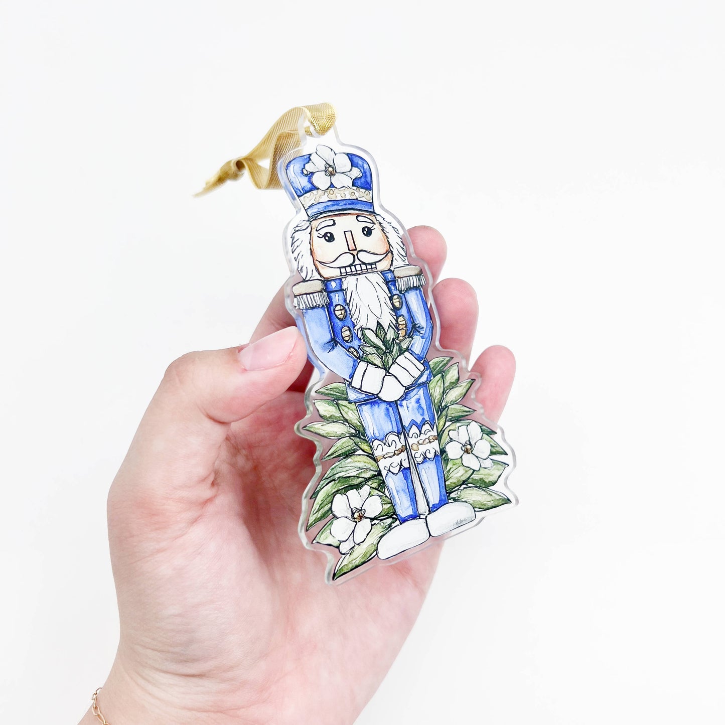 Acrylic Blue Magnolia Nutcracker Ornament