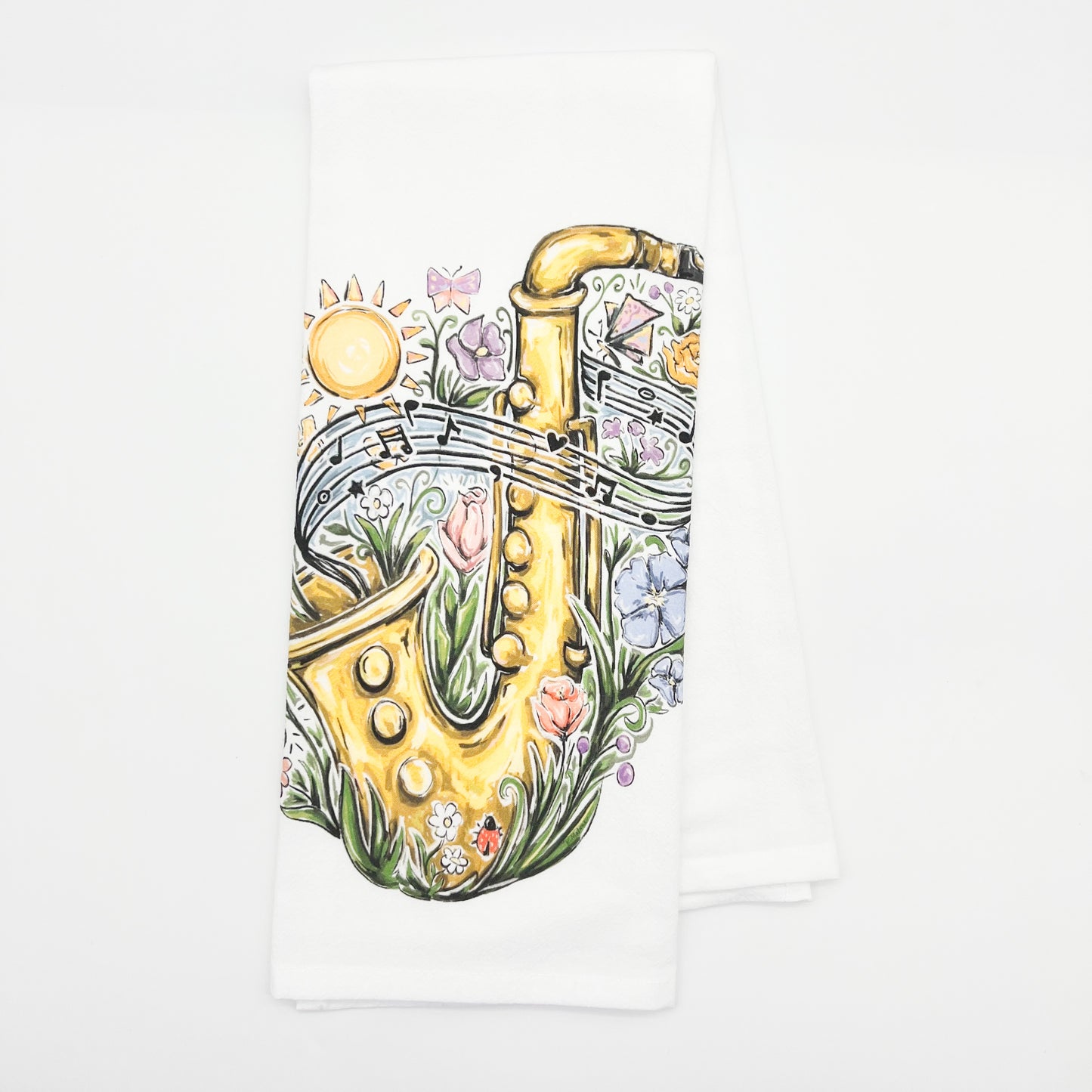 Spring Saxophone Tea Towel - Festival Music Floral Decor