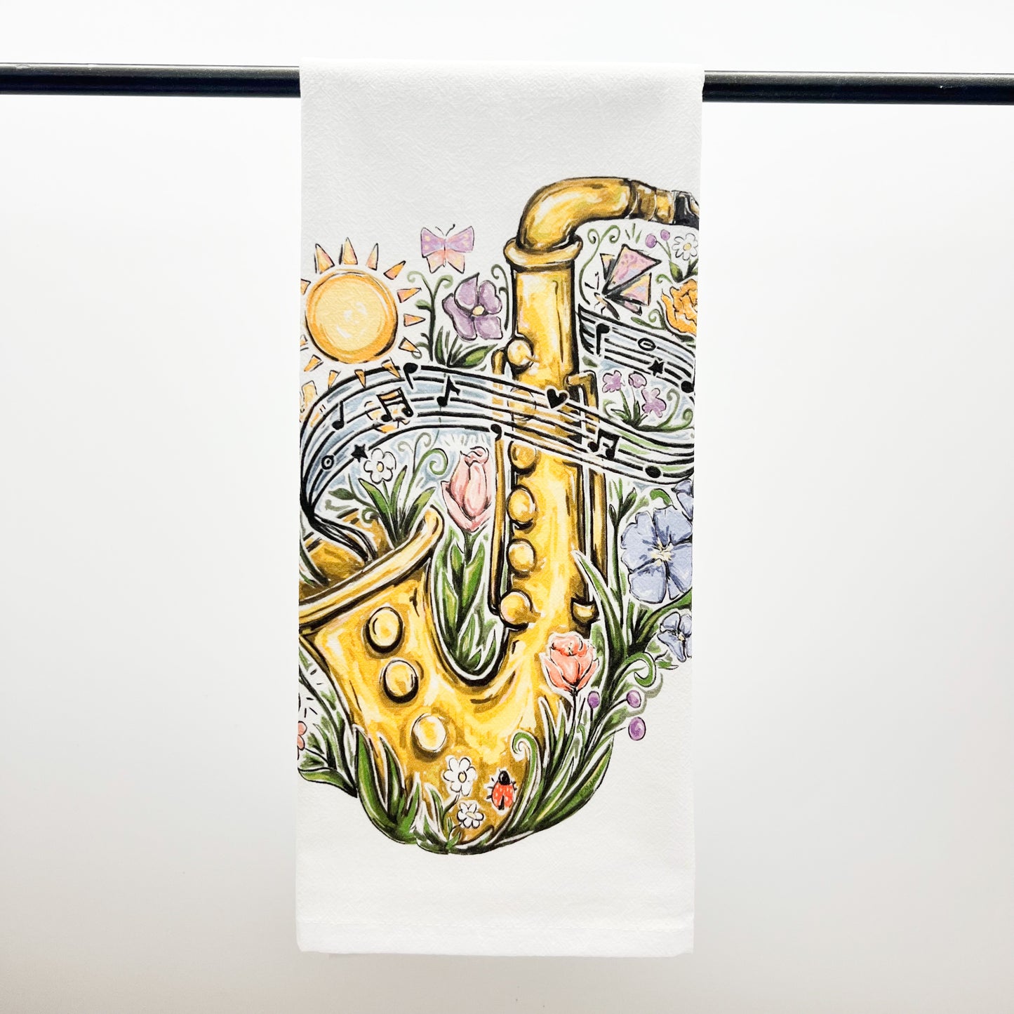 Spring Saxophone Tea Towel - Festival Music Floral Decor