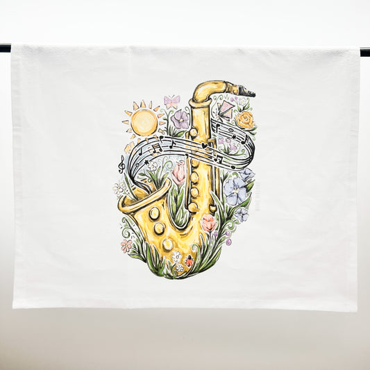 Spring Saxophone Tea Towel - Festival Music Floral Decor