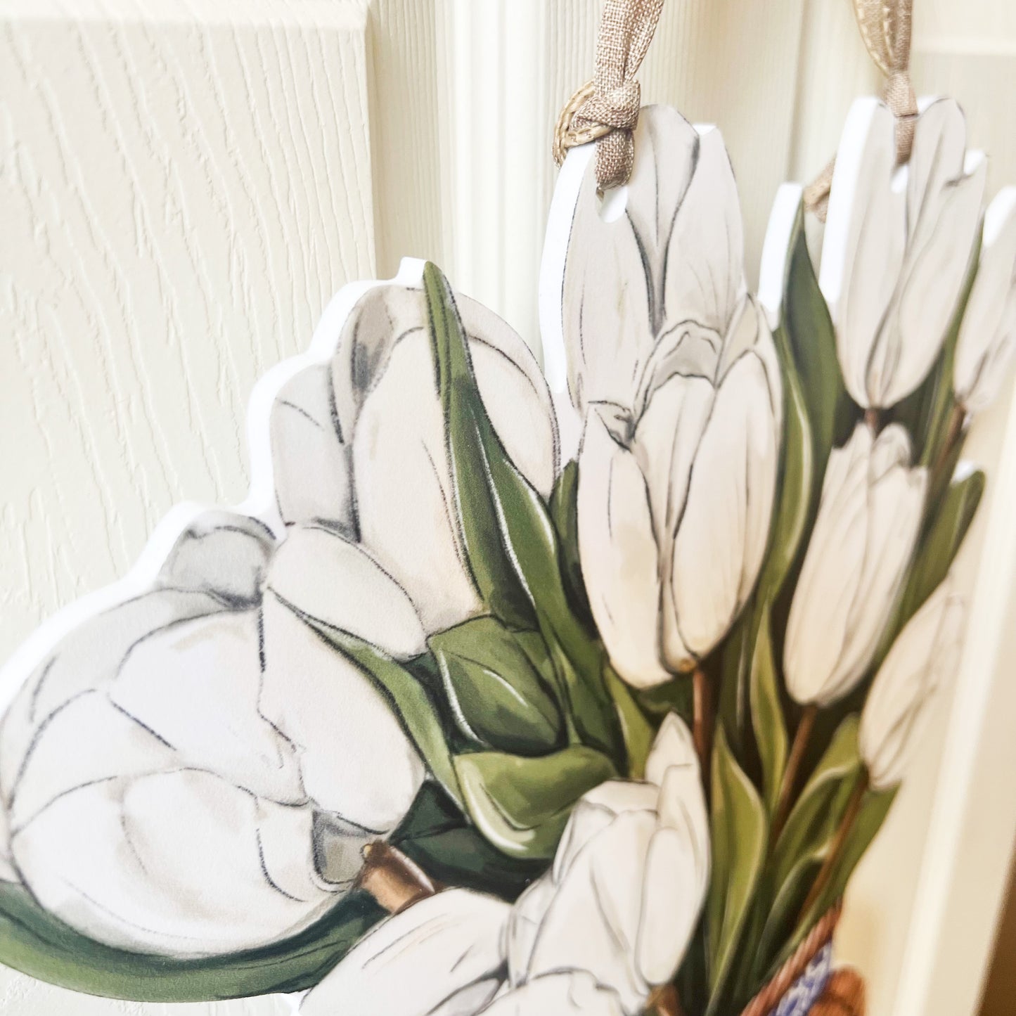 White Tulips Door Hanger-Pretty Floral Spring Flower Basket