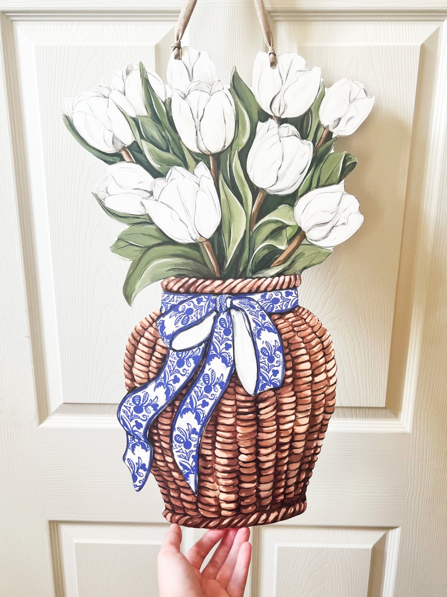 White Tulips Door Hanger-Pretty Floral Spring Flower Basket