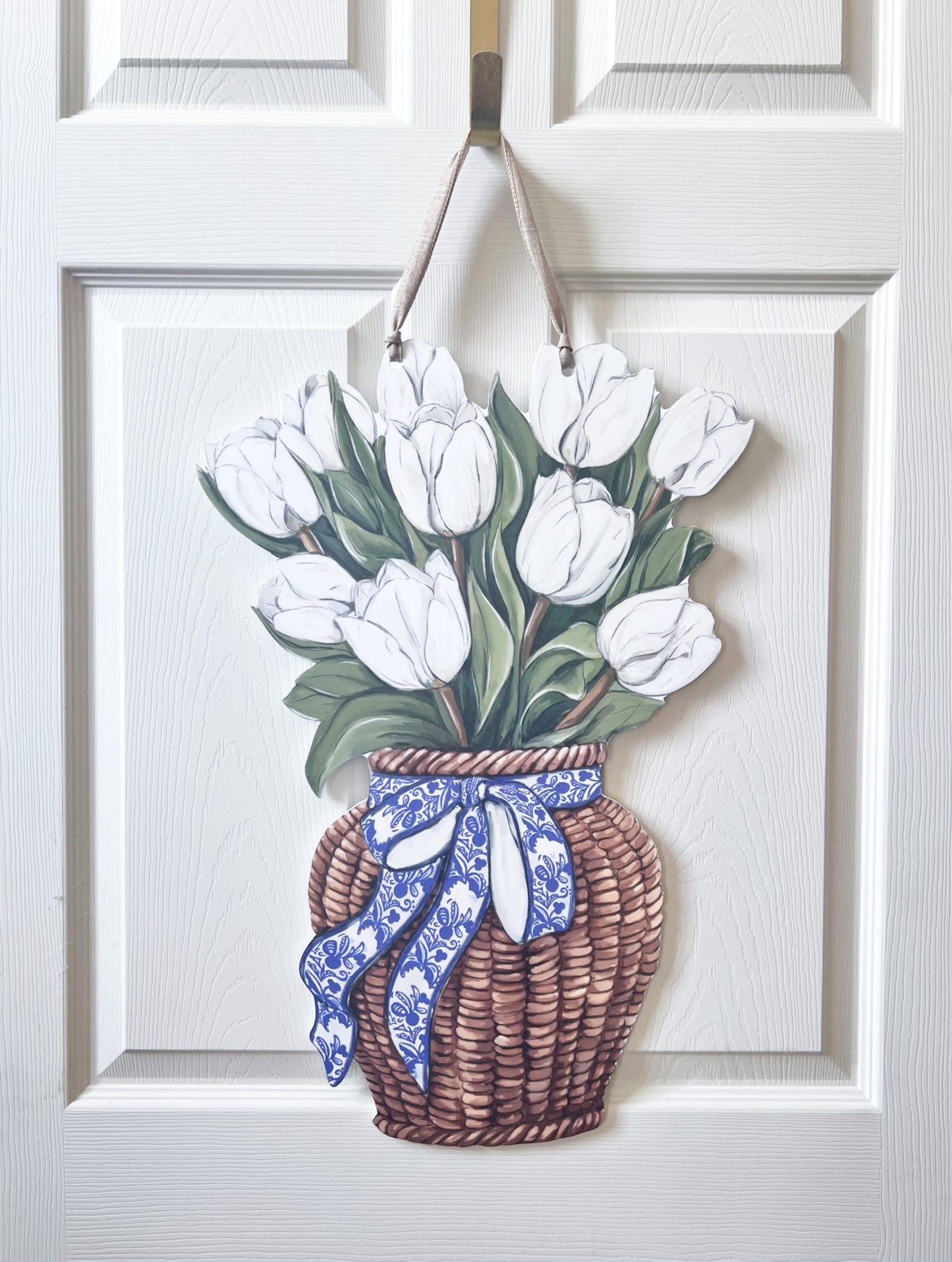 White Tulips Door Hanger-Pretty Floral Spring Flower Basket